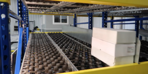 Triple deck of boxes on carton flow - Mallard Manufacturing